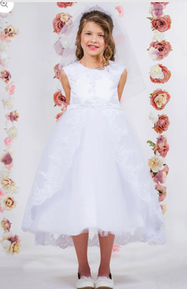 7008 Lace Applique Swoop Train First Communion or Flower Girl Dress Little Angels Couture