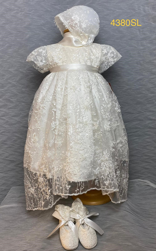 4380 SL Girls silk & lace christening dress Ivory