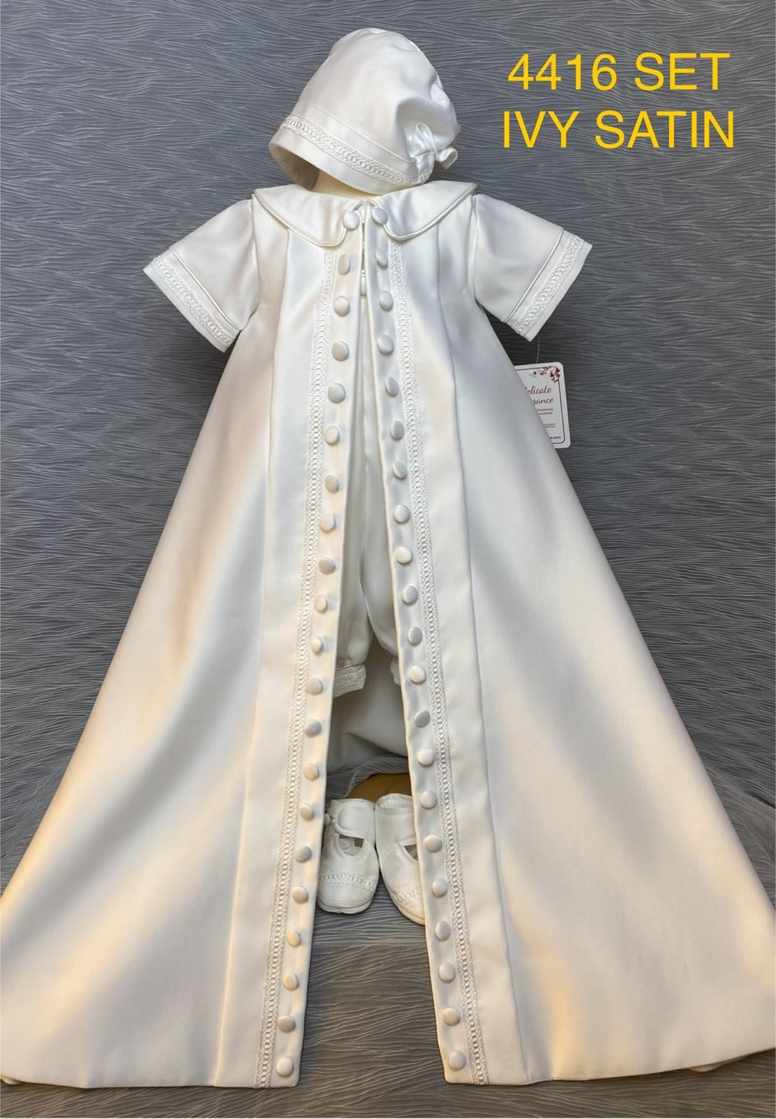 4416 Boys Ivory satin Christening Romper & Cape Set