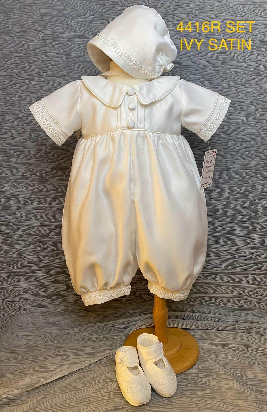 4416 Boys Ivory satin Christening Romper & Cape Set