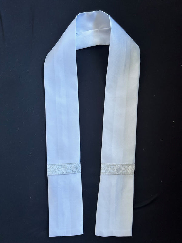 White satin Baptism stole with silver ecclesiastical braid trim ...